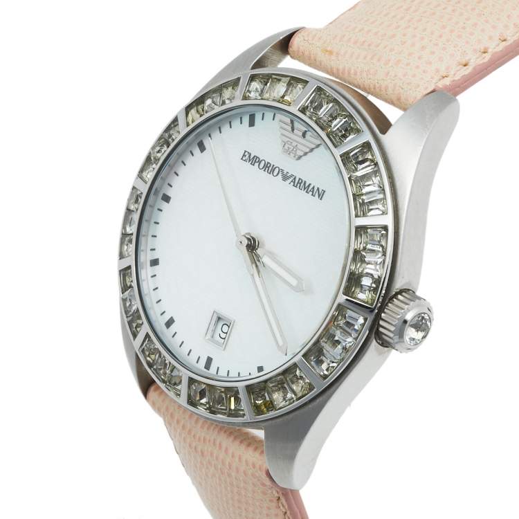 Pre Owned Emporio Armani Mother of Pearl Stainless Steel Leather AR-0543 Women's Wristwatch 38 mm