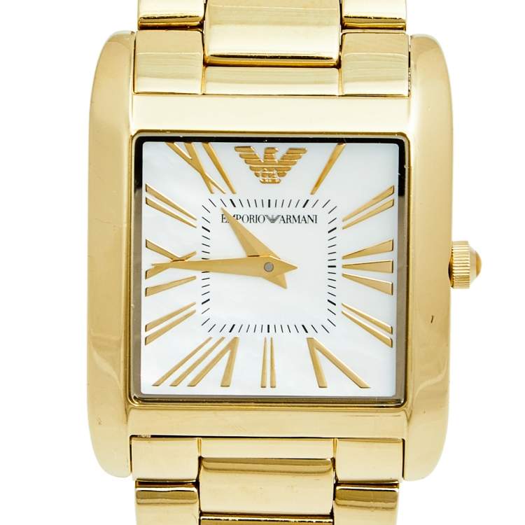 Pre Owned Emporio Armani Mother of Pearl Yellow Gold Plated Stainless Steel AR2052 Women's Wristwatch 27 mm