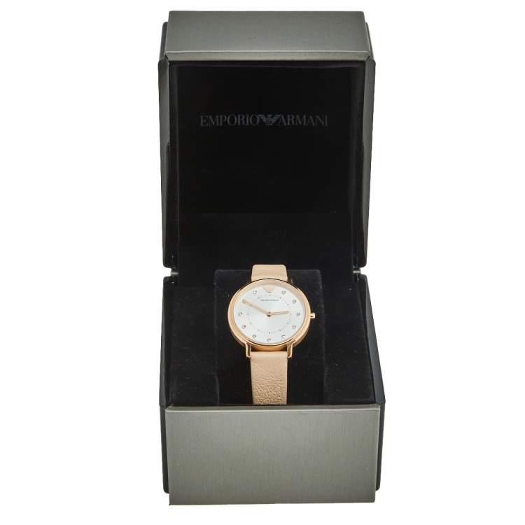 Pre Owned Emporio Armani Silver Rose Gold Plated Stainless Steel Leather AR2510 Women's Wristwatch 32 mm