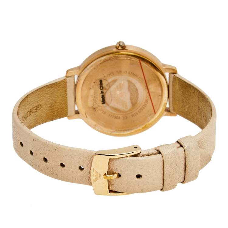 Pre Owned Emporio Armani Silver Rose Gold Plated Stainless Steel Leather AR2510 Women's Wristwatch 32 mm