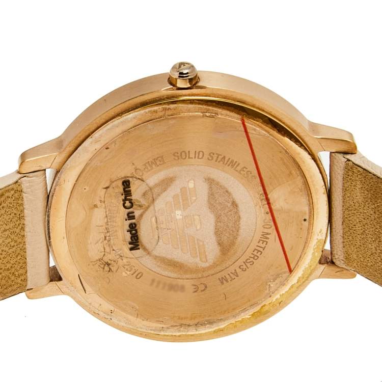 Pre Owned Emporio Armani Silver Rose Gold Plated Stainless Steel Leather AR2510 Women's Wristwatch 32 mm