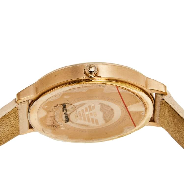 Pre Owned Emporio Armani Silver Rose Gold Plated Stainless Steel Leather AR2510 Women's Wristwatch 32 mm