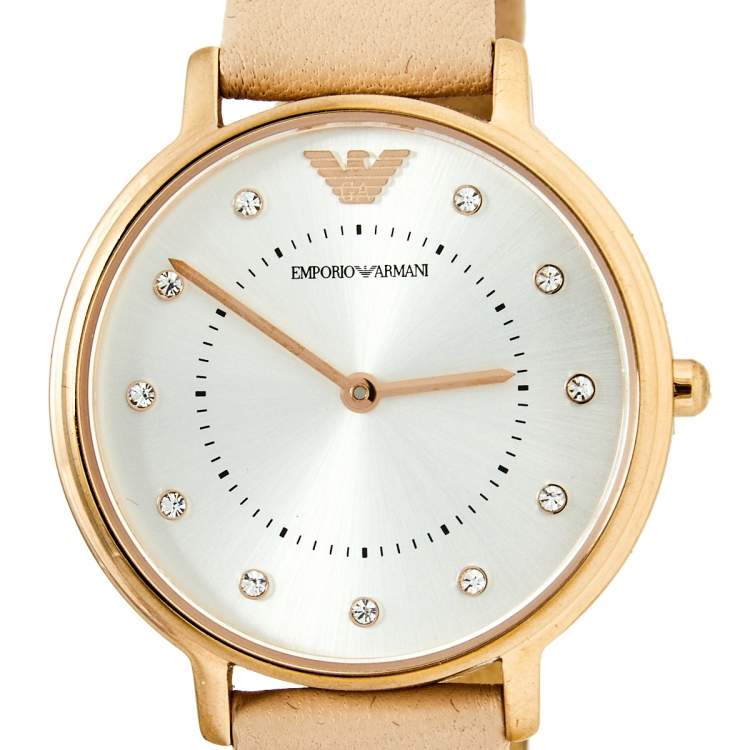 Pre Owned Emporio Armani Silver Rose Gold Plated Stainless Steel Leather AR2510 Women's Wristwatch 32 mm