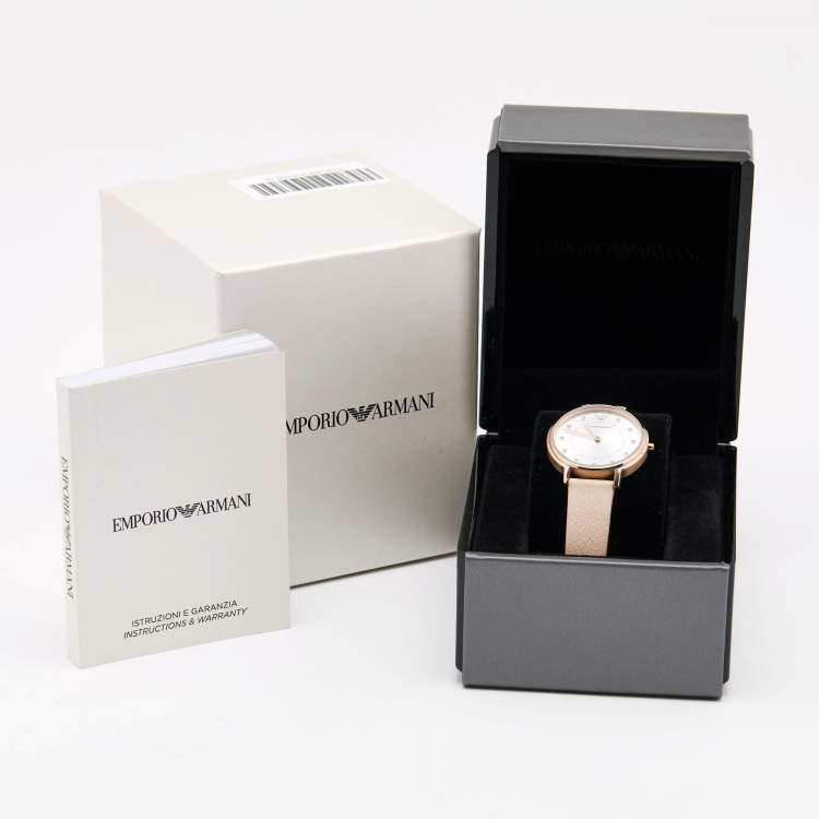 مملوكة مسبقًا Emporio Armani Silver Rose Gold Plated Stainless Steel Leather AR2510 Women's Wristwatch 32 mm