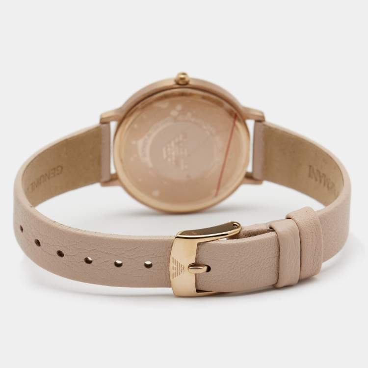 مملوكة مسبقًا Emporio Armani Silver Rose Gold Plated Stainless Steel Leather AR2510 Women's Wristwatch 32 mm