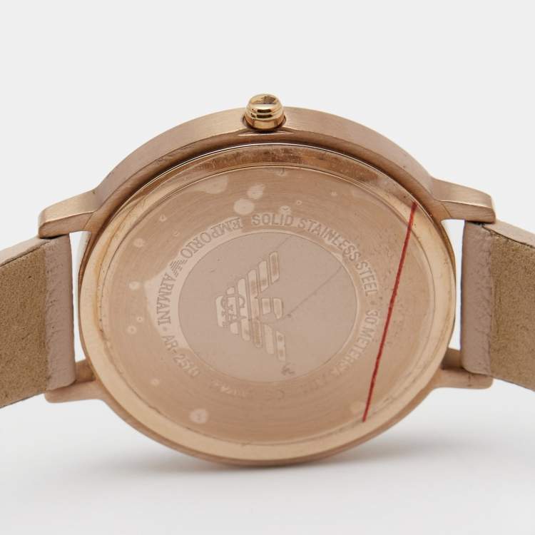مملوكة مسبقًا Emporio Armani Silver Rose Gold Plated Stainless Steel Leather AR2510 Women's Wristwatch 32 mm