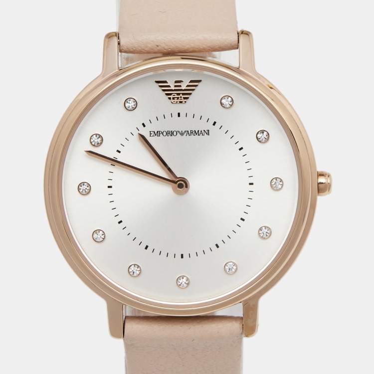 مملوكة مسبقًا Emporio Armani Silver Rose Gold Plated Stainless Steel Leather AR2510 Women's Wristwatch 32 mm