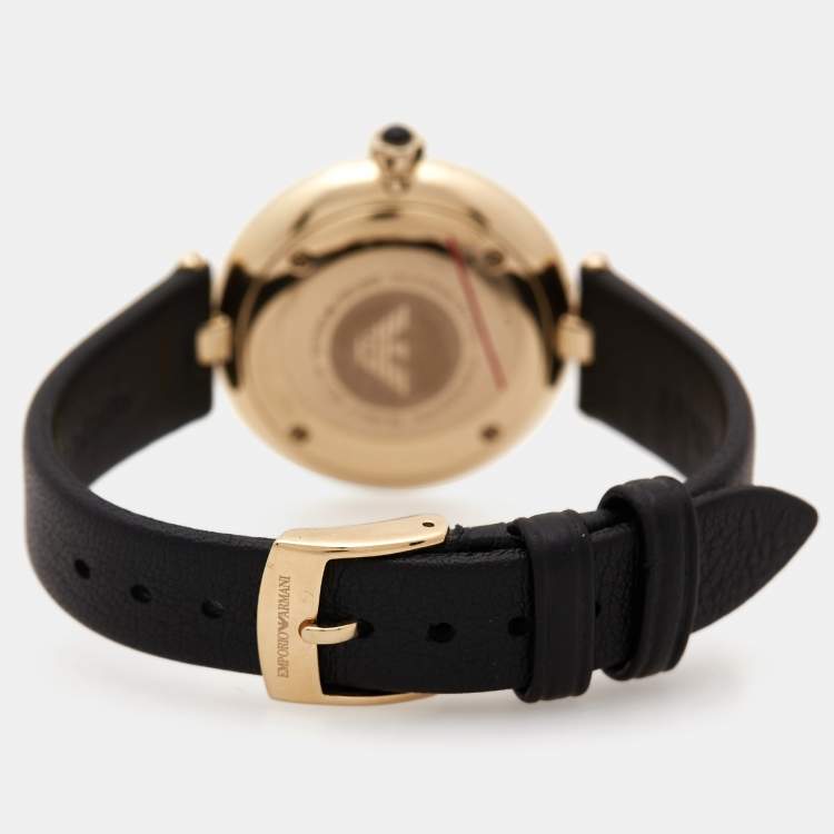 Pre Owned Emporio Armani Mother of Pearl Gold Plated Stainless Steel Leather Arianna AR11200 Women's Wristwatch 32 mm