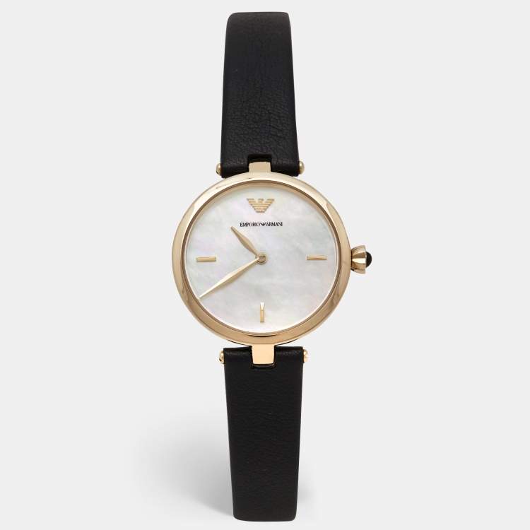 Pre Owned Emporio Armani Mother of Pearl Gold Plated Stainless Steel Leather Arianna AR11200 Women's Wristwatch 32 mm