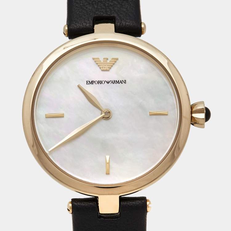 Pre Owned Emporio Armani Mother of Pearl Gold Plated Stainless Steel Leather Arianna AR11200 Women's Wristwatch 32 mm