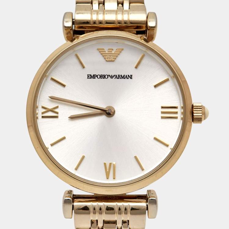 Pre Owned Emporio Armani Silver Gold Plated Stainless Steel Classic AR-1877 Women's Wristwatch 32 mm