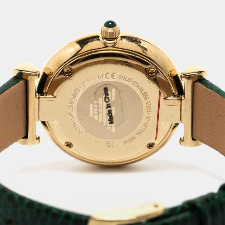 Pre Owned Emporio Armani Green Gold Plated Stainless Steel Leather Gianni AR-11403 Women's Wristwatch 32 mm 