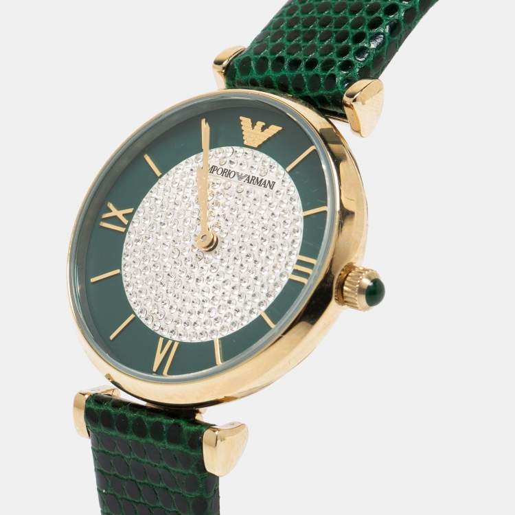 Pre Owned Emporio Armani Green Gold Plated Stainless Steel Leather Gianni AR-11403 Women's Wristwatch 32 mm 