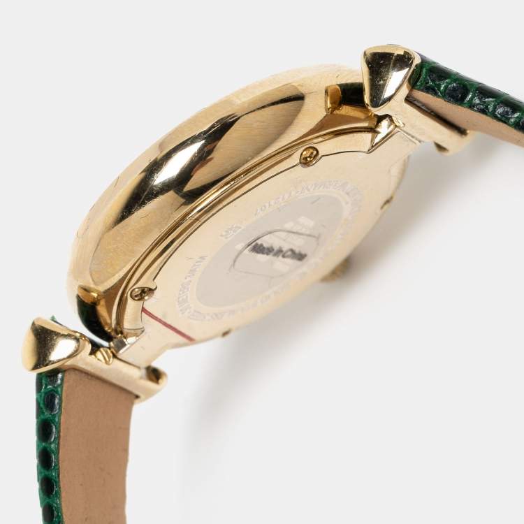 Pre Owned Emporio Armani Green Gold Plated Stainless Steel Leather Gianni AR-11403 Women's Wristwatch 32 mm 