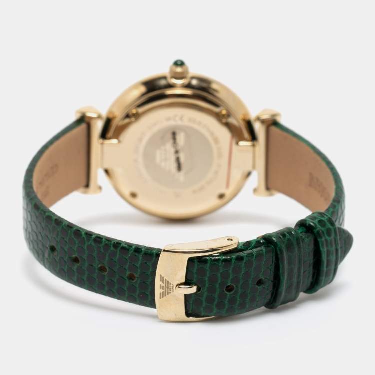 Pre Owned Emporio Armani Green Gold Plated Stainless Steel Leather Gianni AR-11403 Women's Wristwatch 32 mm 