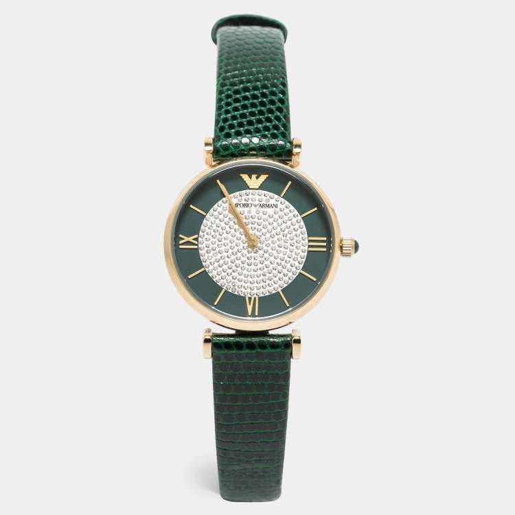 Pre Owned Emporio Armani Green Gold Plated Stainless Steel Leather Gianni AR-11403 Women's Wristwatch 32 mm 