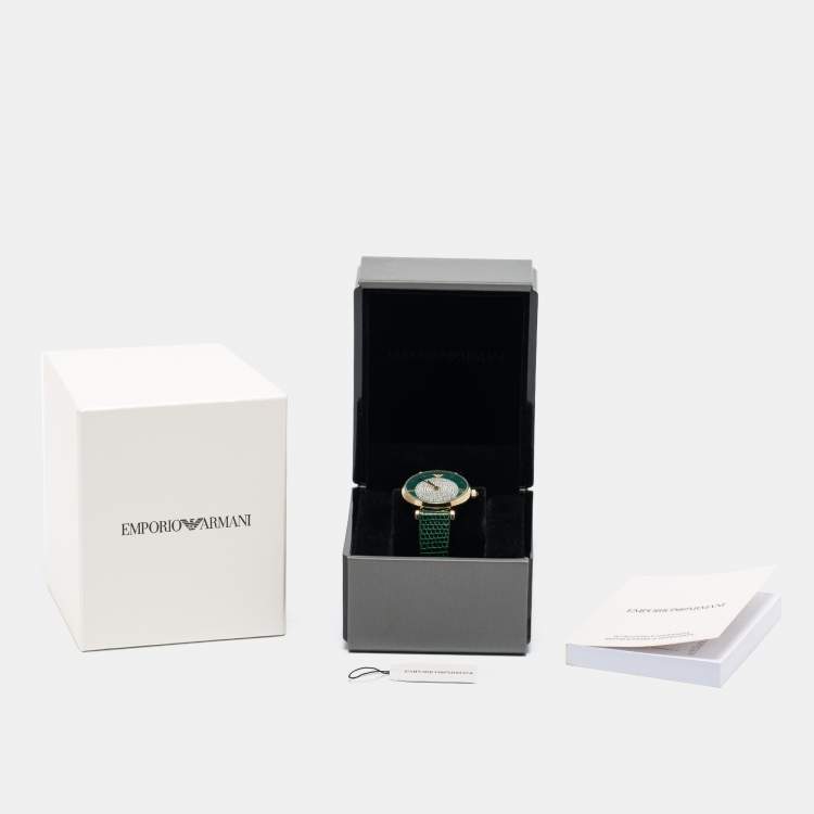 Pre Owned Emporio Armani Green Gold Plated Stainless Steel Leather Gianni AR-11403 Women's Wristwatch 32 mm 