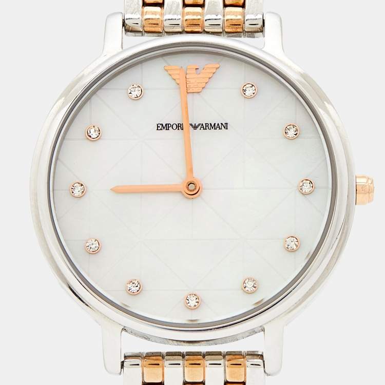 Pre Owned Emporio Armani Mother of Pearl Two Tone Stainless Steel AR80019 Women's Wristwatch 32 mm &  Earrings Set