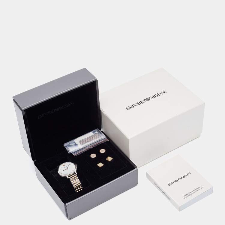 Pre Owned Emporio Armani Mother of Pearl Two Tone Stainless Steel AR80019 Women's Wristwatch 32 mm &  Earrings Set