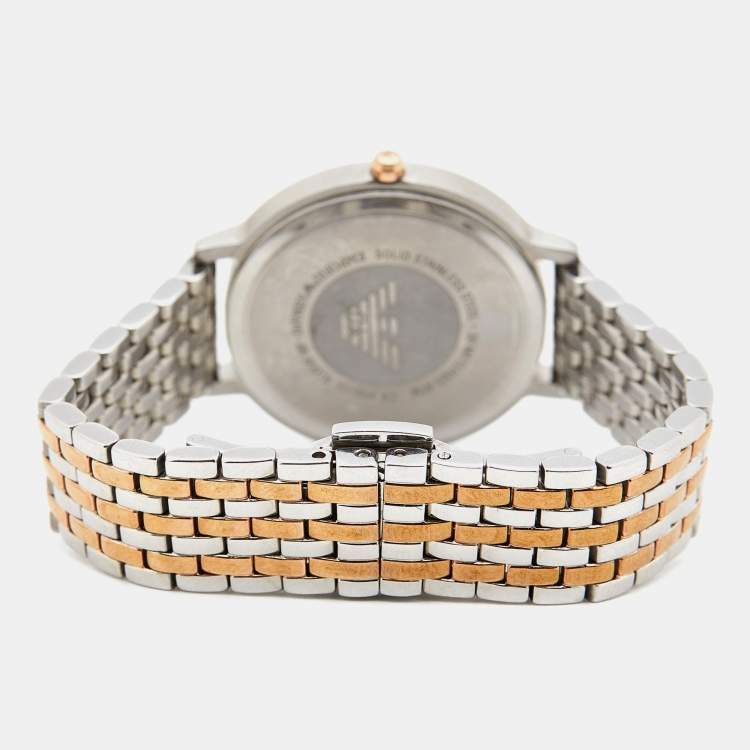 Pre Owned Emporio Armani Mother of Pearl Two Tone Stainless Steel AR80019 Women's Wristwatch 32 mm &  Earrings Set