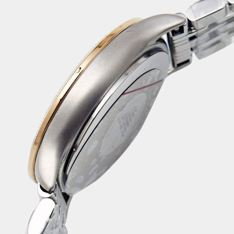 Pre Owned Emporio Armani Silver Two-Tone Stainless Steel Leather Classic AR1963 Women's Wristwatch 30 mm