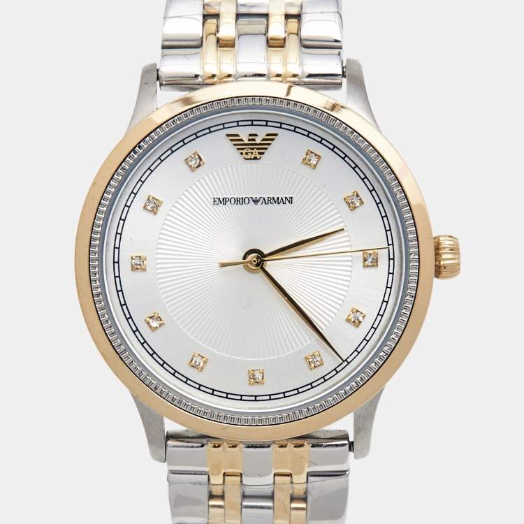 Pre Owned Emporio Armani Silver Two-Tone Stainless Steel Leather Classic AR1963 Women's Wristwatch 30 mm