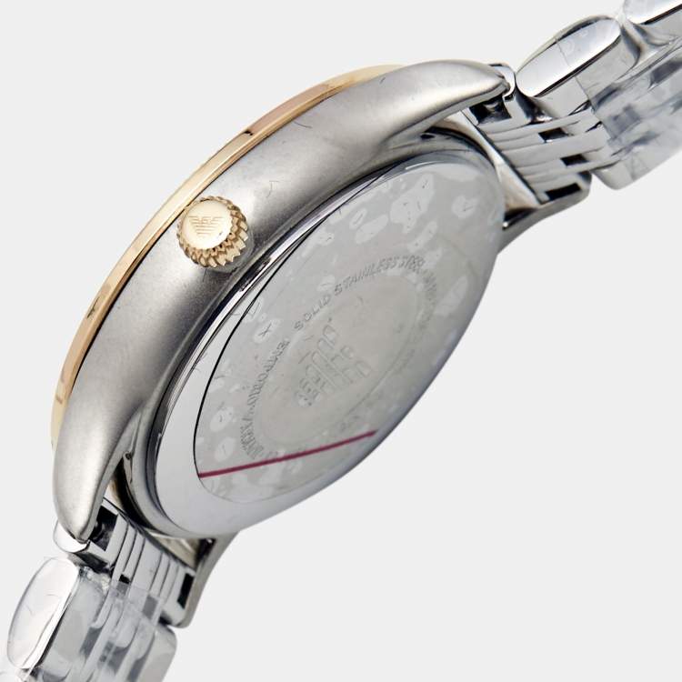 Pre Owned Emporio Armani Silver Two-Tone Stainless Steel Leather Classic AR1963 Women's Wristwatch 30 mm