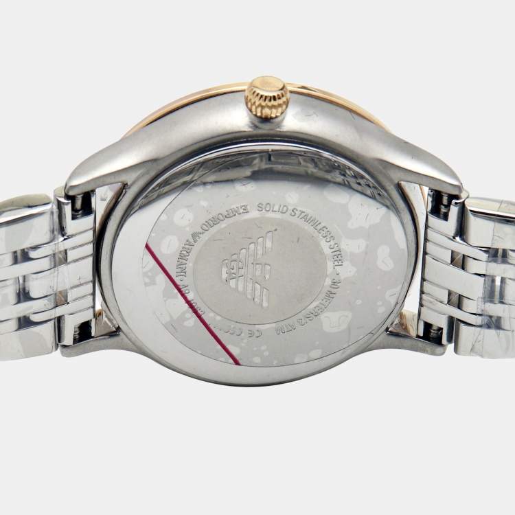 Pre Owned Emporio Armani Silver Two-Tone Stainless Steel Leather Classic AR1963 Women's Wristwatch 30 mm