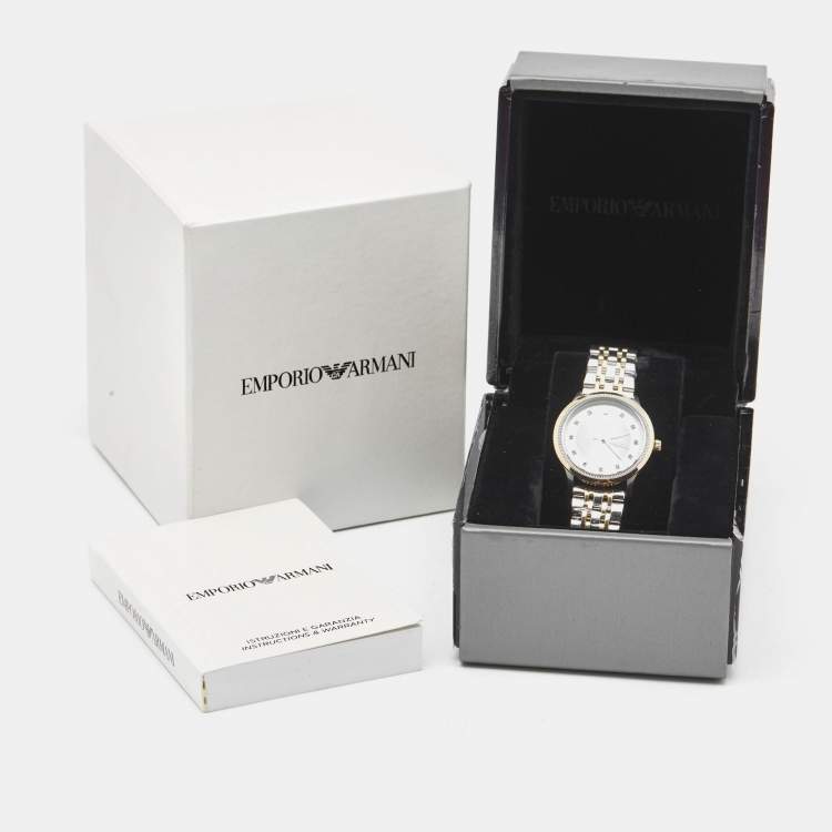 Pre Owned Emporio Armani Silver Two-Tone Stainless Steel Leather Classic AR1963 Women's Wristwatch 30 mm
