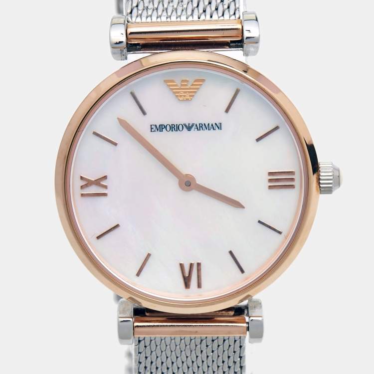 Pre Owned Emporio Armani Mother Of Pearl Two-Tone Stainless Steel AR2067 Women's Wristwatch 32 mm