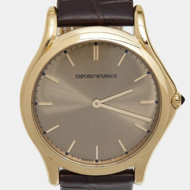 Pre Owned Emporio Armani Champagne Gold Plated Stainless Steel Alligator Classic ARS2004 Unisex Wristwatch 36 mm 