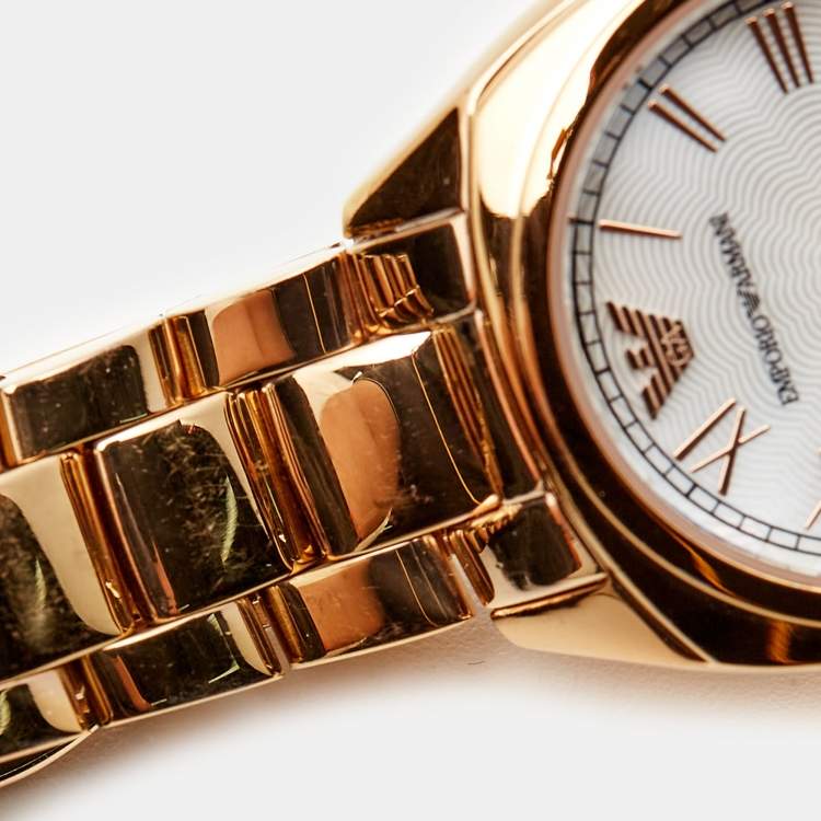 Pre Owned Emporio Armani Mother Of Pearl Gold Plated Stainless Steel AR11038 Women's Wristwatch 28 mm