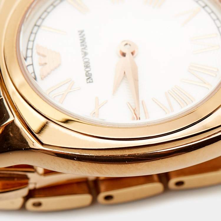 Pre Owned Emporio Armani Mother Of Pearl Gold Plated Stainless Steel AR11038 Women's Wristwatch 28 mm