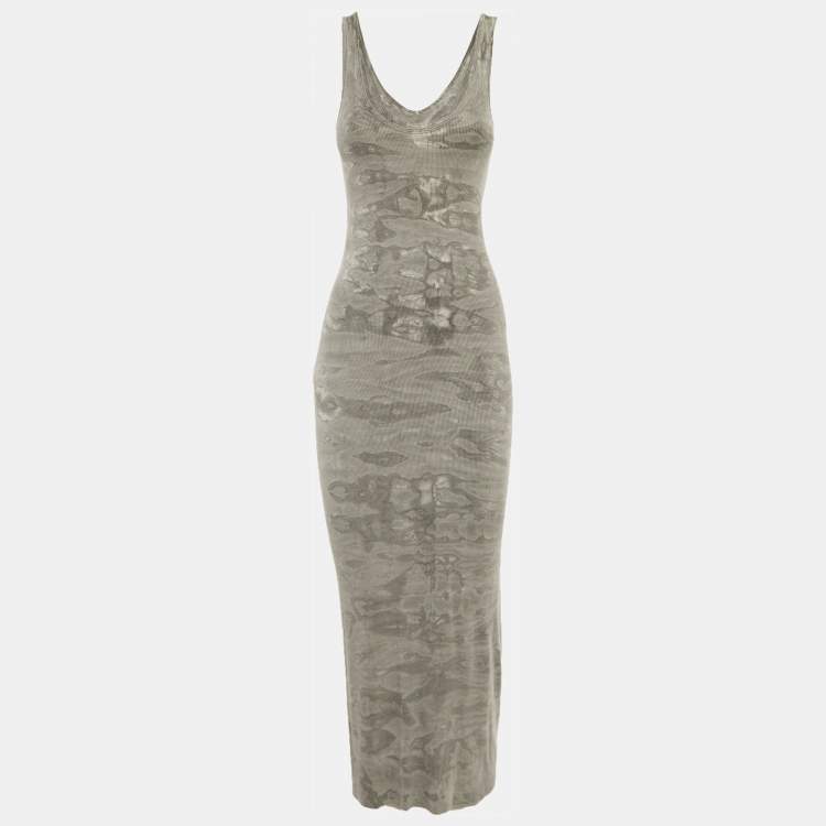 Pre Owned Enza Costa Grey Camouflage Rib Knit Midi Dress S