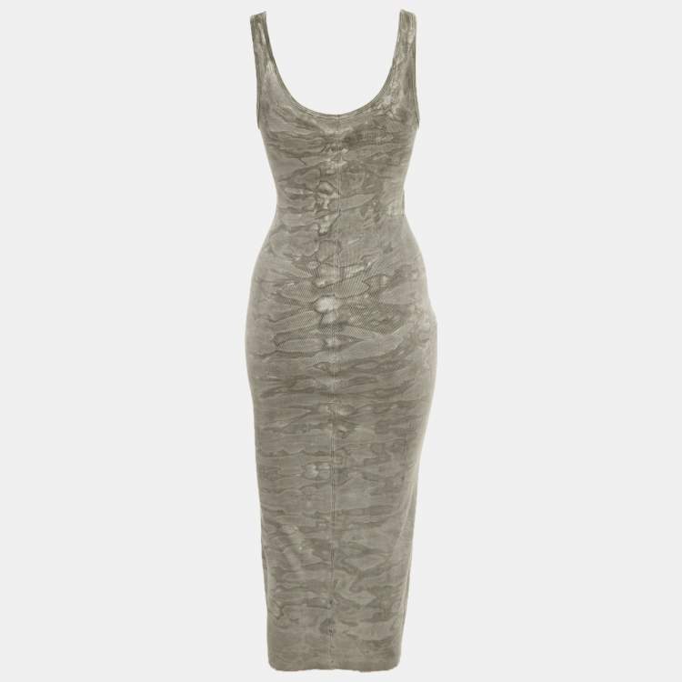 Pre Owned Enza Costa Grey Camouflage Rib Knit Midi Dress S