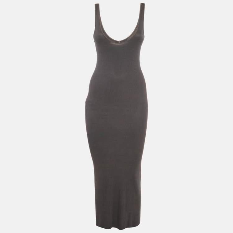 Pre Owned Enza Costa Grey Rib Knit Scoop Neck Maxi Dress S