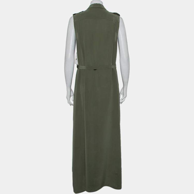 مملوكة مسبقًا Equipment Military Green Silk Belted Sleeveless Maxi Shirt Dress M