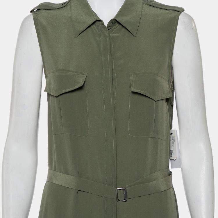 مملوكة مسبقًا Equipment Military Green Silk Belted Sleeveless Maxi Shirt Dress M
