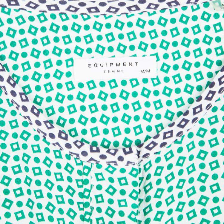 Pre Owned Equipment Green Printed Contrast Trim Detail Long Sleeve Silk Blouse M