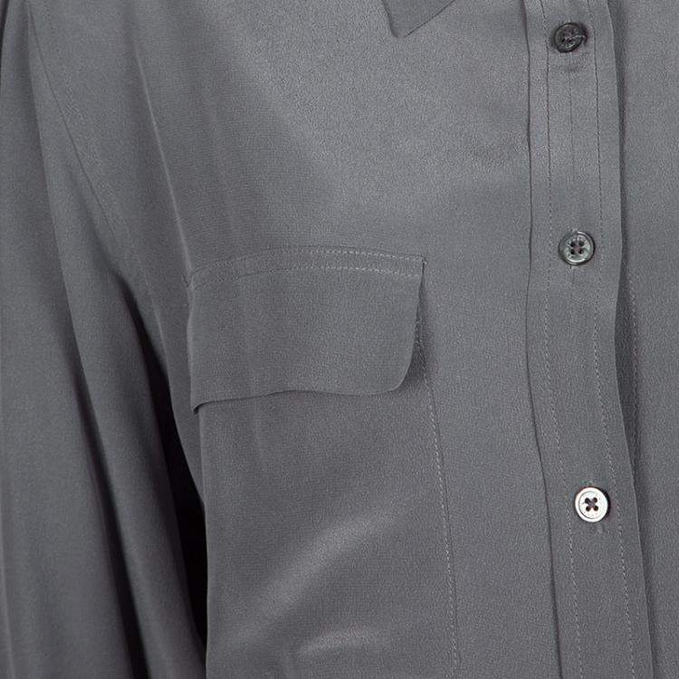 مملوكة مسبقًا Equipment Gunmetal Grey Silk Long Sleeve Button Front Signature Blouse M