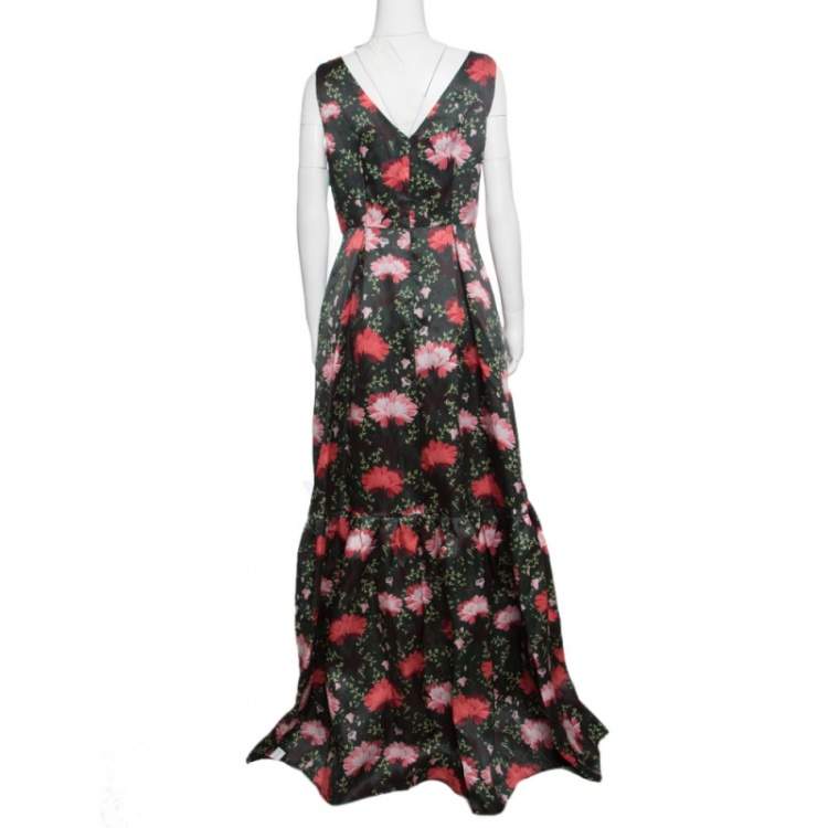 Pre Owned Erdem Green Floral Printed Silk Gazar Ruffled Bottom Alouette Gown M