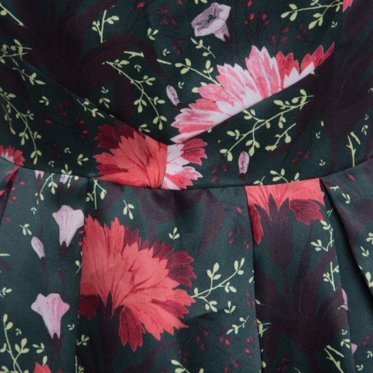 Pre Owned Erdem Green Floral Printed Silk Gazar Ruffled Bottom Alouette Gown M