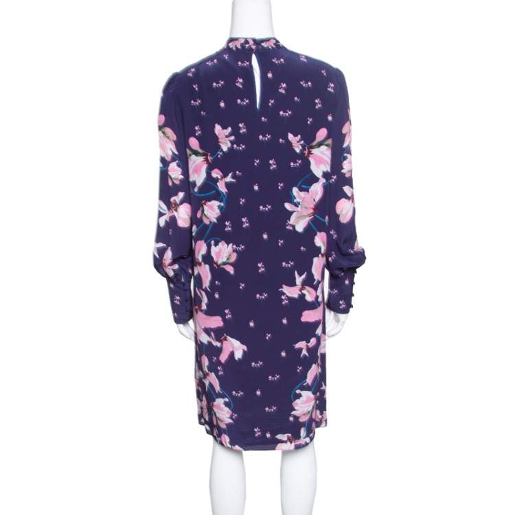 Pre Owned Erdem Navy Blue Kayo Lily Printed Silk Mirela Shift Dress M