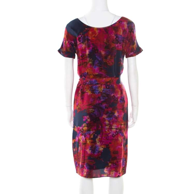 Pre Owned Erdem Multicolor Floral Printed Silk Belted Dress M