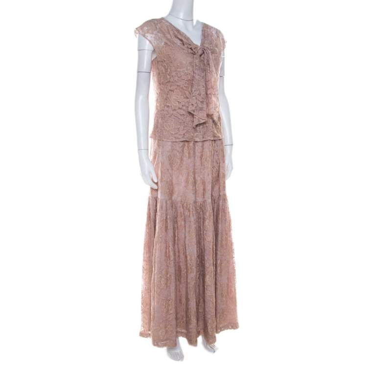 Pre Owned Erdem Light Pink Lace Front Bow Detail Top and Skirt Set M 