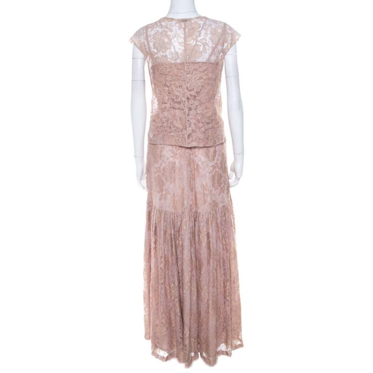 Pre Owned Erdem Light Pink Lace Front Bow Detail Top and Skirt Set M 