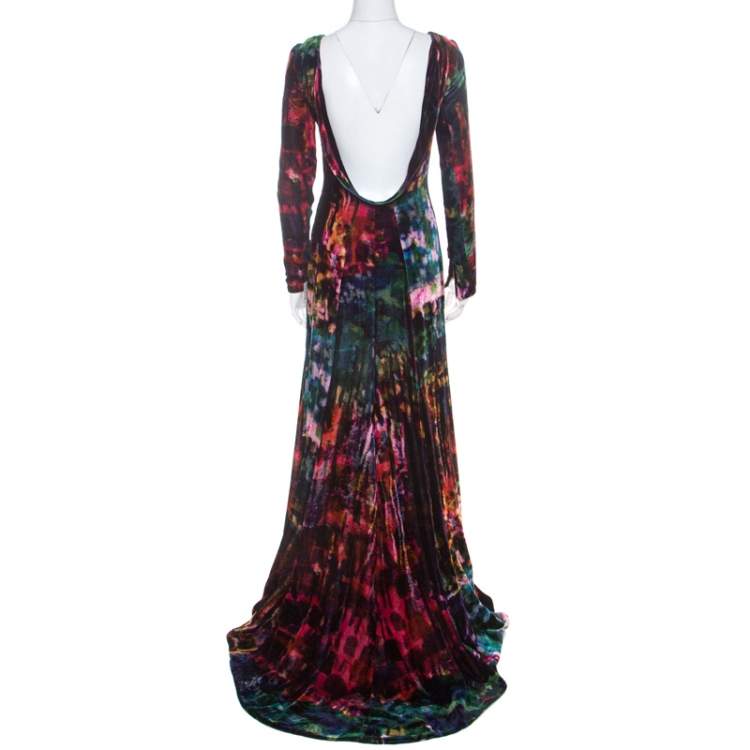 Pre Owned Erdem Multicolor Printed Velvet Slit Detail Daniella Gown S  