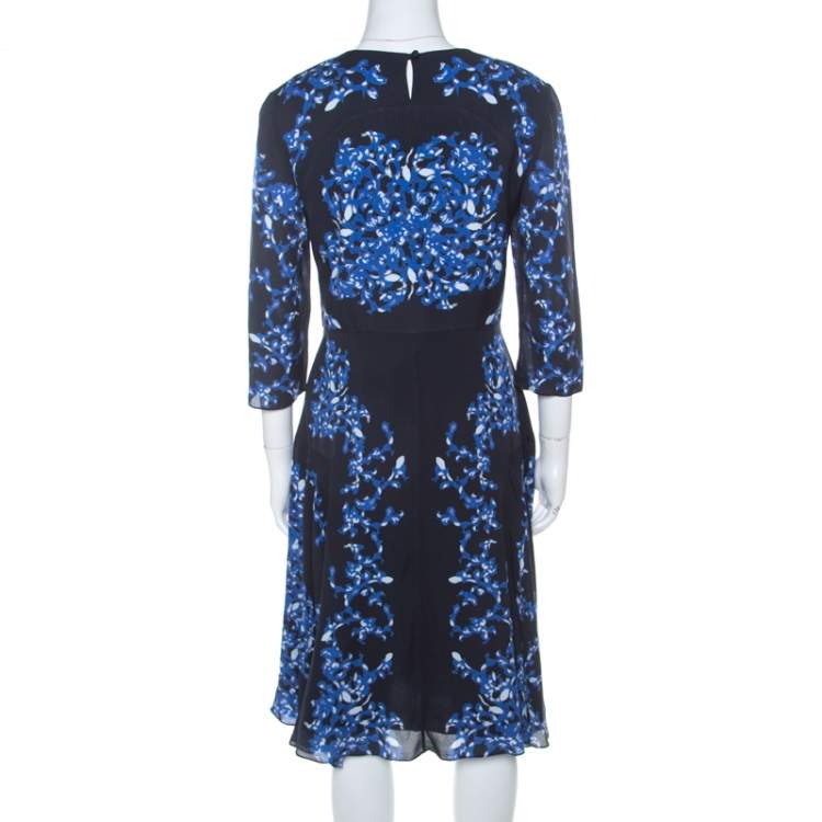 Pre Owned Erdem Navy Blue Lillie Printed Silk Crepe Dress M 