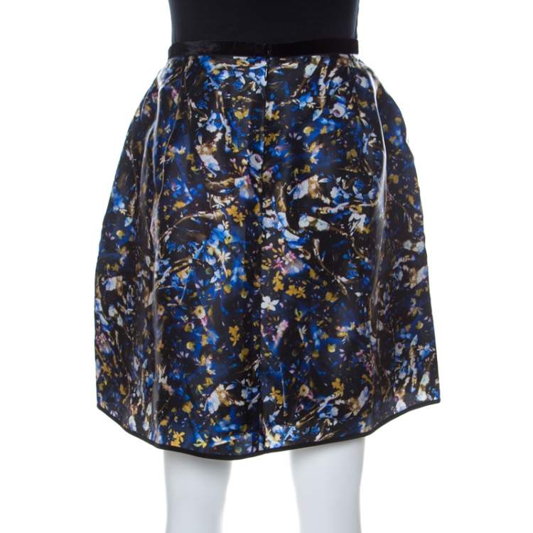 Pre Owned Erdem Blue Floral Print Silk Gazar Levinia Gathered Skirt M