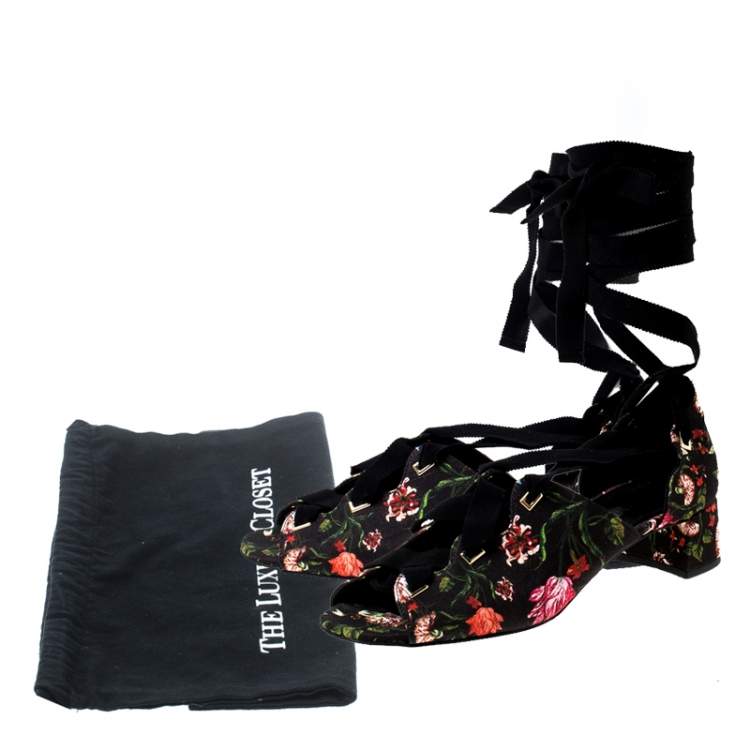 Pre Owned Erdem Black Floral Canvas Cut Out Lace Up Sandals Size 38